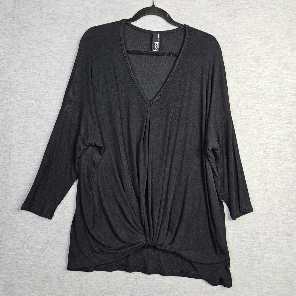 Bobi Los Angeles Women Black Twist Front Top Size L V Neck Dolman Sleeve